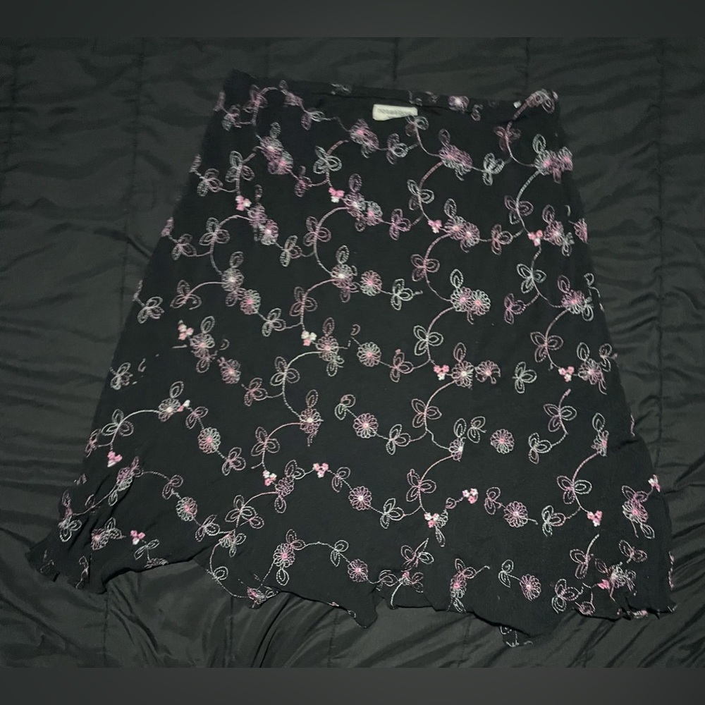 90s y2k black and pink floral midi skirt